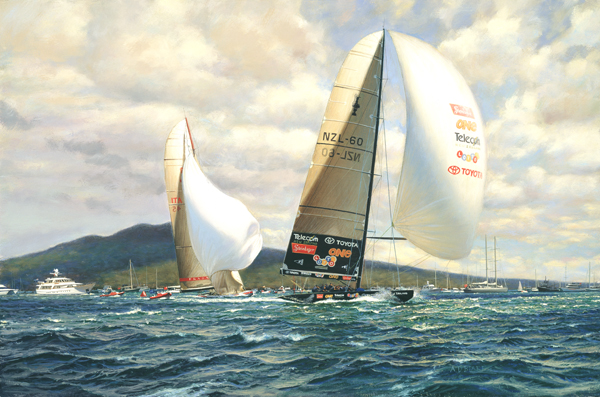 "The final leg to victory. "New Zealand" leads "Prada", race five, America's Cup 2000".