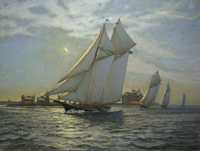 "Fortuna", (Commodore Henry S. Hovey) followed by other large schooners of the Eastern Yacht Club, sail into Nantucket Harbor, circa 1885.