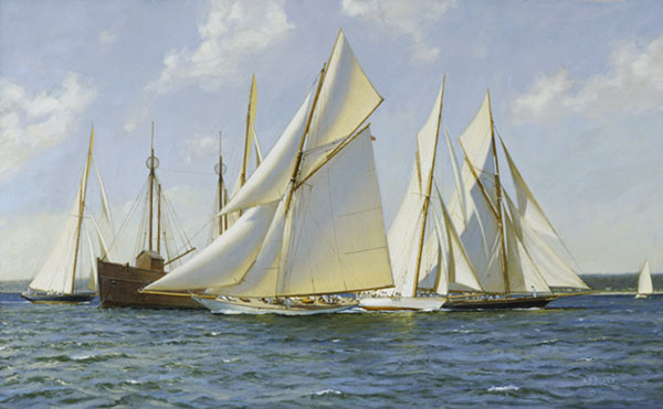 "Gloriana" leads the fleet from the start at Brenton Reef lightship, August 1891.