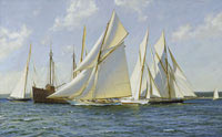"Gloriana" leads the fleet from the start at Brenton Reef lightship, August 1891.