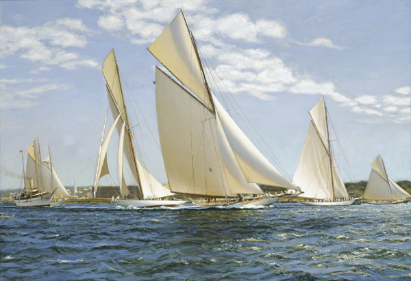 "Reliance", "Columbia" and "Constitution" hoisting sail off Fort Adam, Newport 1903."