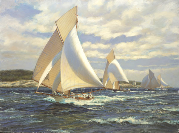"Sayonara" leads the 46 foot class into Newport past Castle Hill Light, 1891.