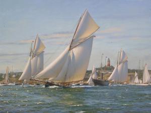 "Puritan" leads the fleet out of Marblehead Harbor, for the Eastern and New York Yacht Clubs\\\'  Regatta of 1892.