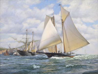 �The �America� passing the � Victoria and Albert � off the Needles, Isle of Wight, during the race for the Royal Yacht Squadron Cup  (America's Cup), Friday August 22nd, 1851.�