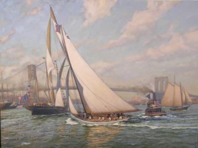 "A Salute To Victory. "Puritan", the successsful defender of the 1885 America's Cup, sails up the East River, New York."